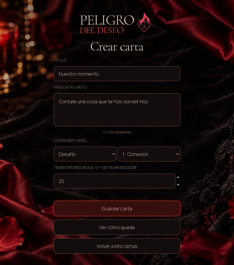 Captura real del editor: título, texto, categoría, nivel, tiempo, guardar y vista previa